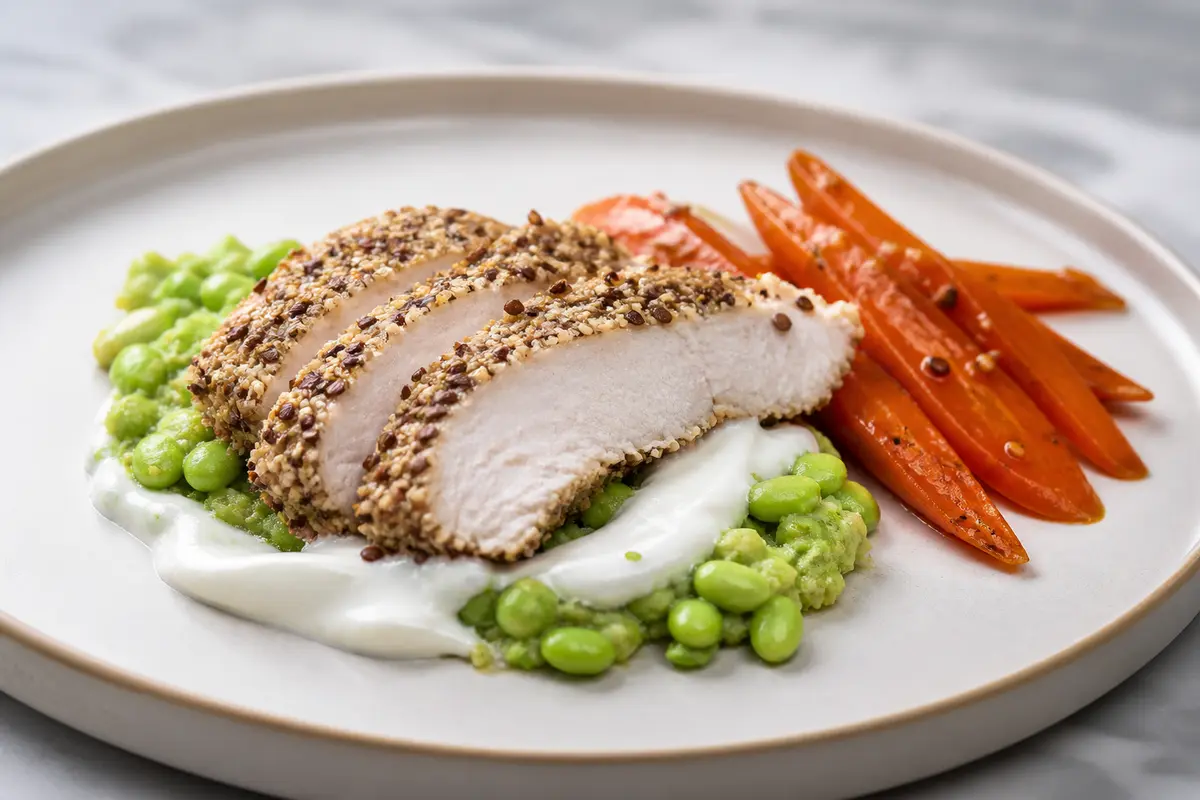 Bistec de Pavo con Costra de Semillas, Puré de Edamame y Zanahorias Glaseadas al Comino