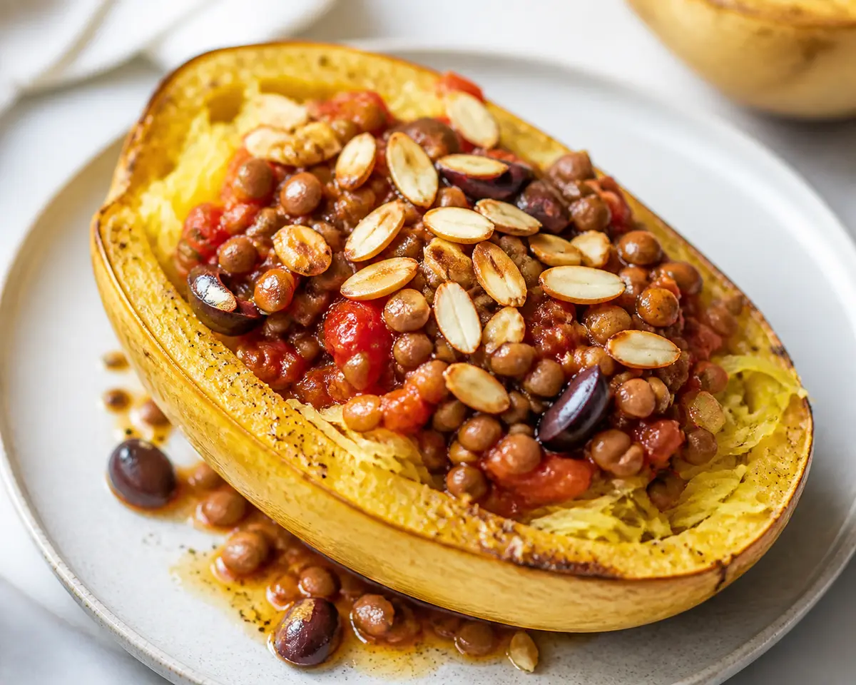 Roasted spaghetti squash with tomato lentil stew, olives, and crunchy almond topping