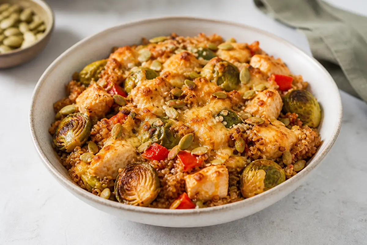 Family Quinoa, Paprika Chicken and Brussels Sprouts Casserole with Cheesy Seed Topping