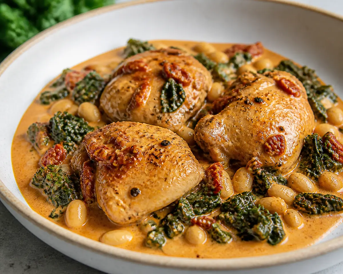 Pollo cremoso de tomate seco con alubias blancas y kale en Instant Pot