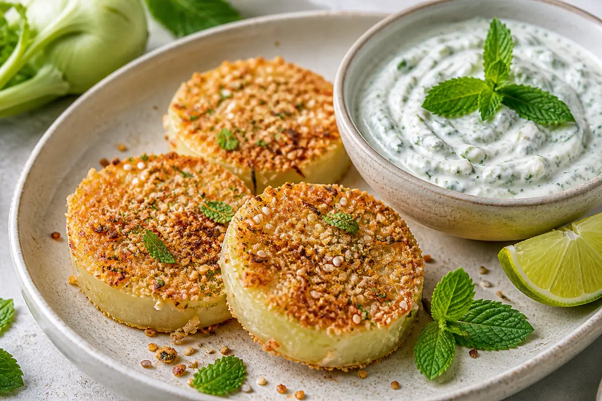 Air Fryer Kohlrabi Medallions with Sesame-Lime Crust and Mint Yogurt Cream