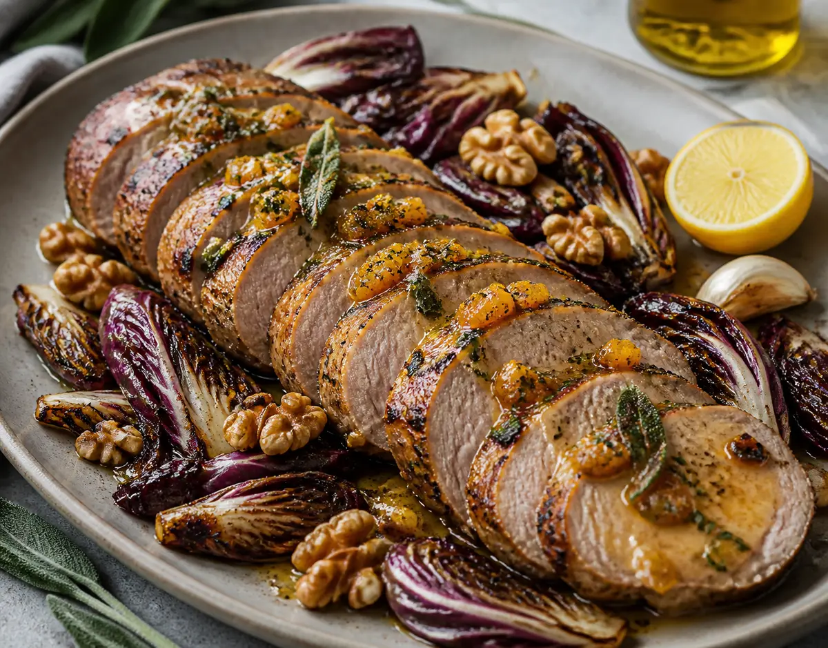 Solomillo de cerdo a la parrilla con mantequilla de albaricoque y salvia, radicchio chamuscado y nueces tostadas