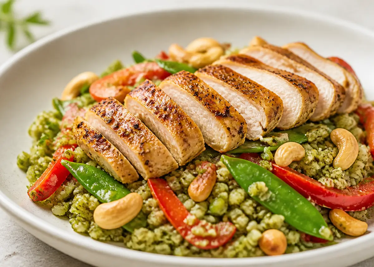 Green Curry Cauliflower Couscous with Seared Chicken and Cashews