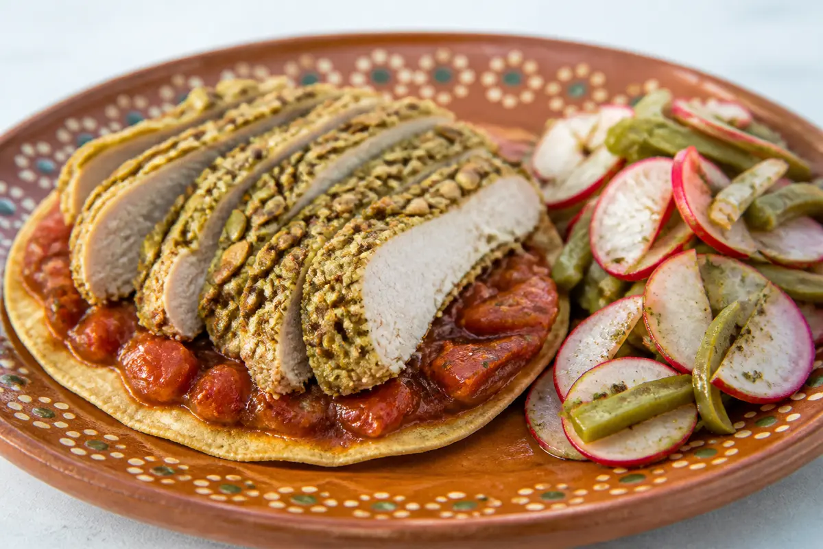 Tostadas de Pollo en Costra de Pepita con Salsa de Tomate Asado y Ensalada de Nopal con Rábano