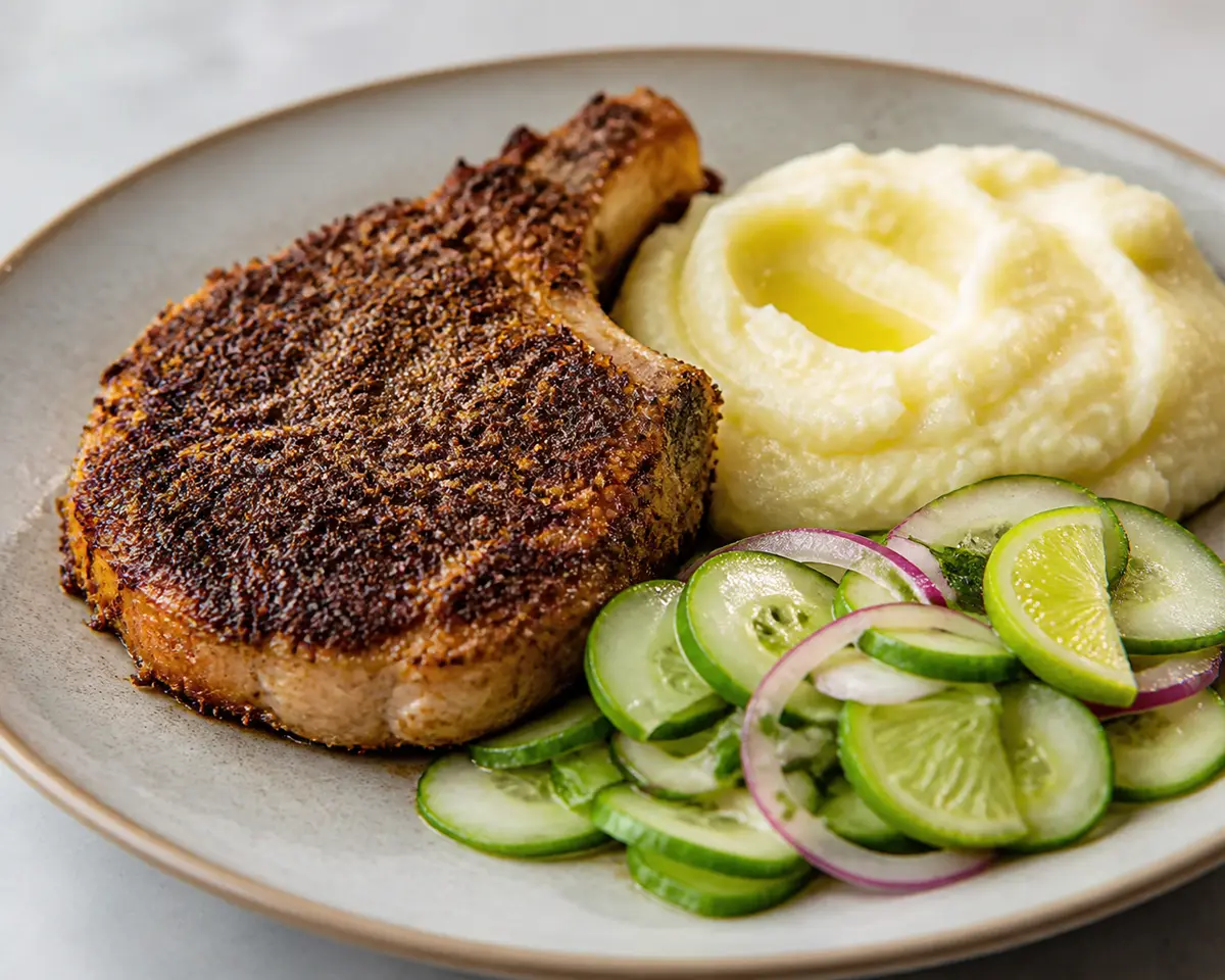 Caribbean Pork Chops with Coffee-Coconut Crust, Garlic Yuca Mash and Lime Cucumber Salad