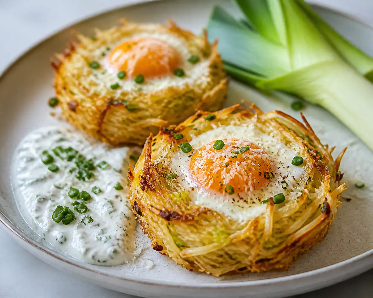 Potato and Leek Nests with Herbed Yogurt and Baked Egg