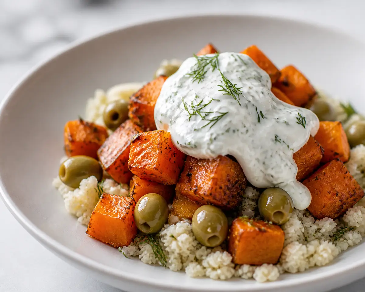 Calabaza Mediterránea Asada con Cuscús de Coliflor, Aceitunas Verdes y Crema de Feta al Eneldo