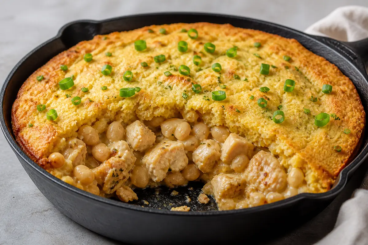 Skillet White BBQ Chicken and Butter Bean Pie with Scallion Cornbread Crust