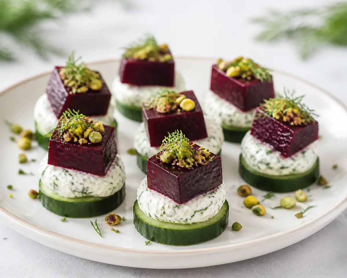 Roasted Beet Bites on Cucumber with Dill Whipped Feta and Pistachio Gremolata
