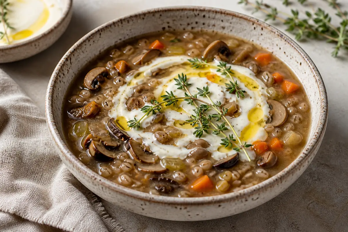 Roasted Mushroom and Pearl Barley Soup with Thyme and Lemon Yogurt Swirl