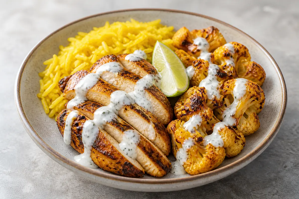 Bowl de pollo al pimentón ahumado con arroz de cúrcuma, coliflor crujiente y salsa de yogur-lima