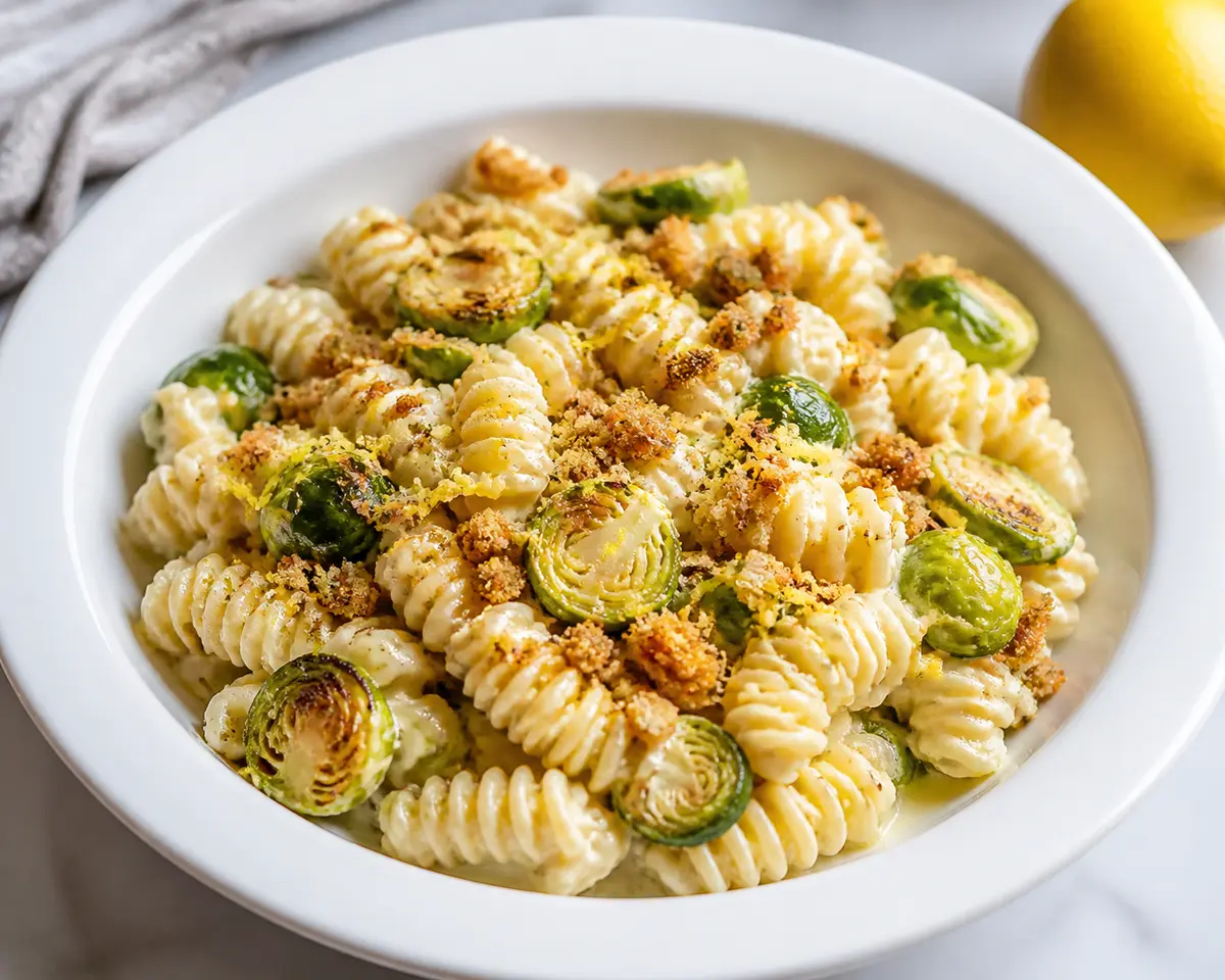 Creamy Radiatori with Golden Brussels Sprouts, Lemon, Taleggio and Nutmeg with Rye Pangrattato