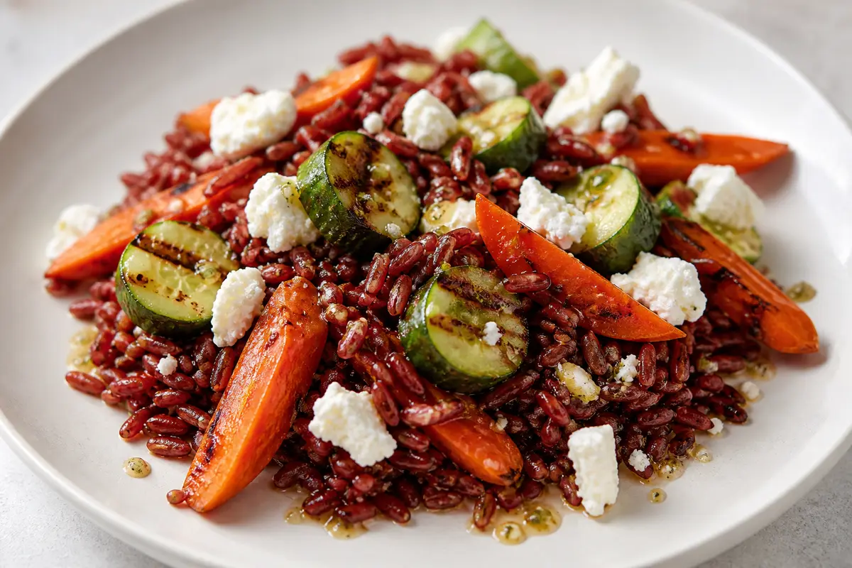 Ensalada tibia de arroz rojo, zanahorias glaseadas al pimentón, pepino chamuscado y queso de cabra con vinagreta de lima y semillas