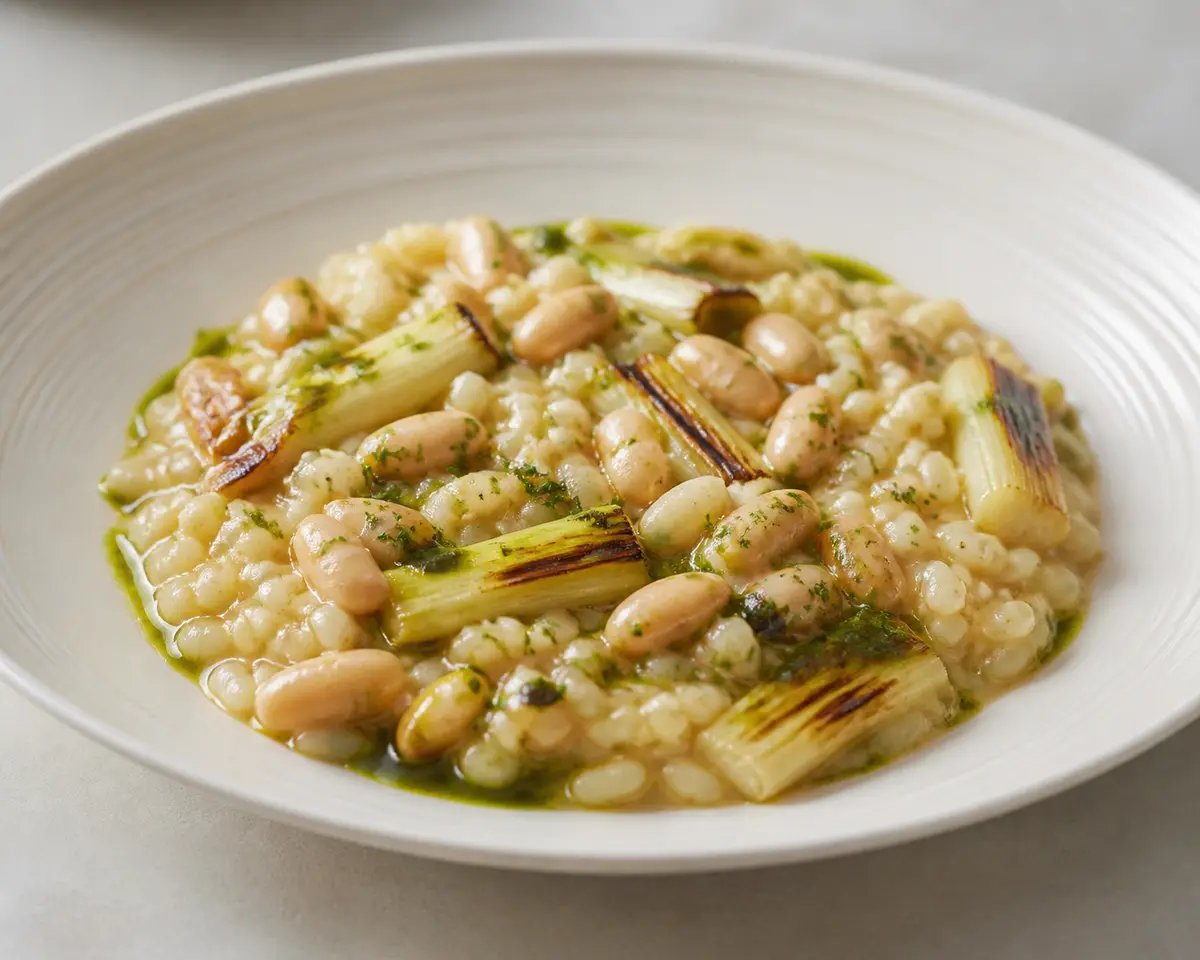 Arroz meloso de puerro quemado, alubias mantecosas y aceite verde de perejil