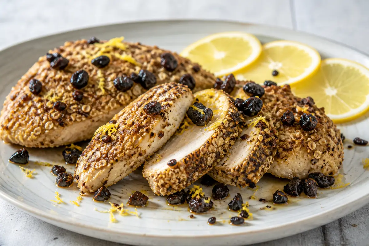 Pollo al horno con costra de ajo negro, limón y avena salada