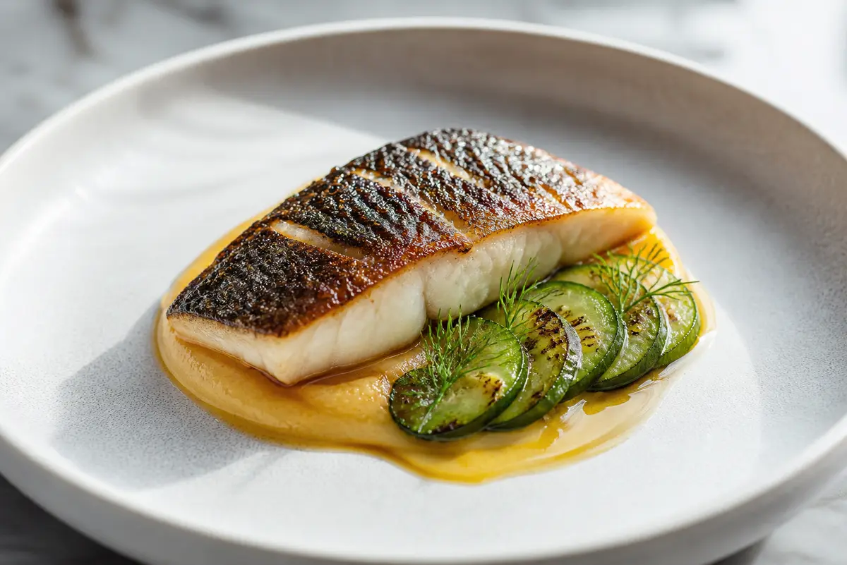 Roasted Sea Bass with Mild Miso, Rutabaga Purée, and Charred Cucumber with Dill