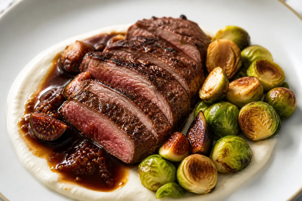 Bistec de Res con Salsa de Higos y Jerez, Coles de Bruselas Doradas y Puré de Frijol Blanco