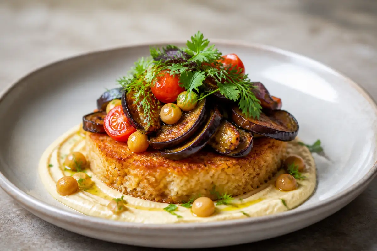 Crispy rice cake with smoky eggplant, lemon chickpea cream, and warm herb salad