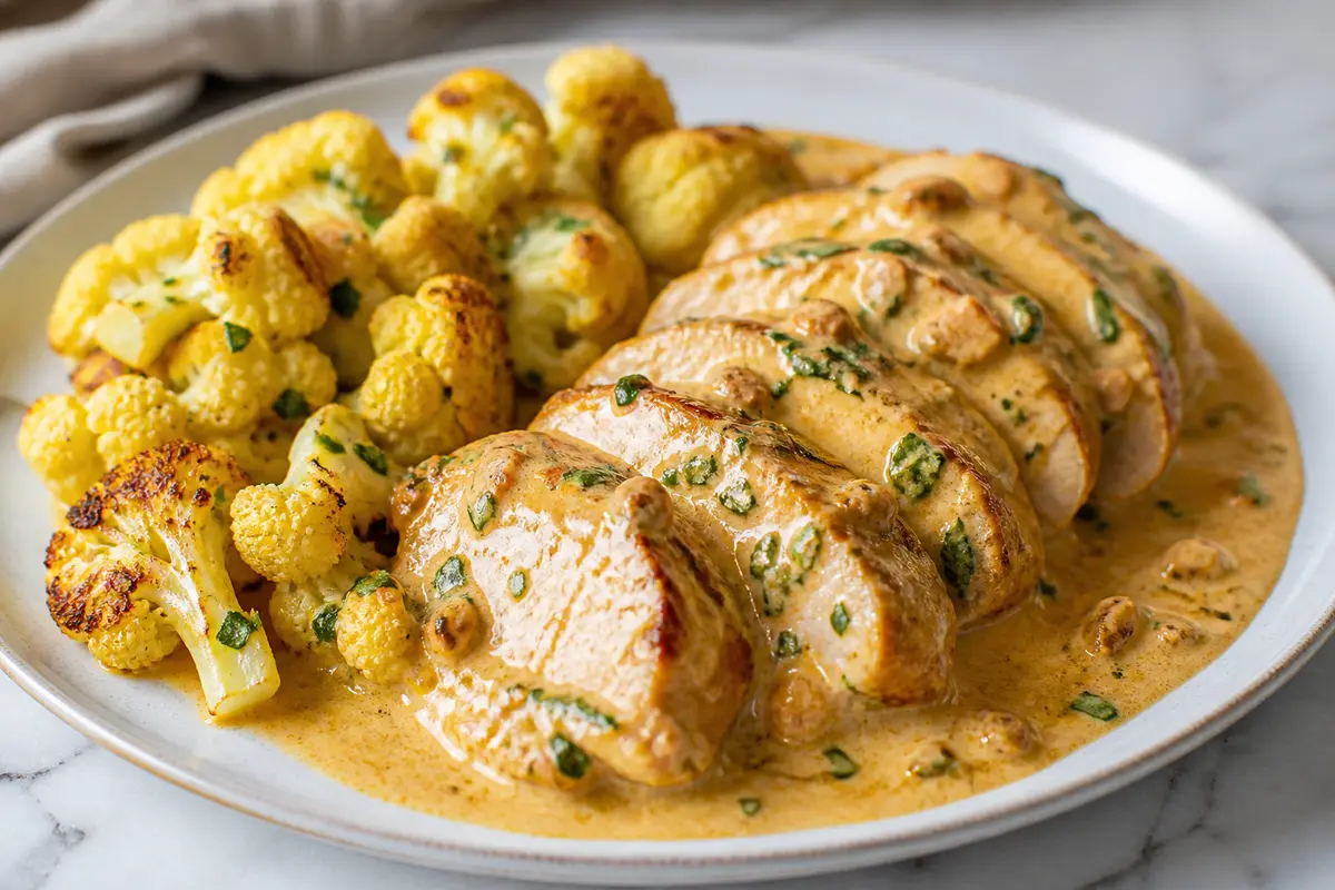 Pavo Keto en Salsa Cremosa de Chipotle y Cilantro con Coliflor Dorada