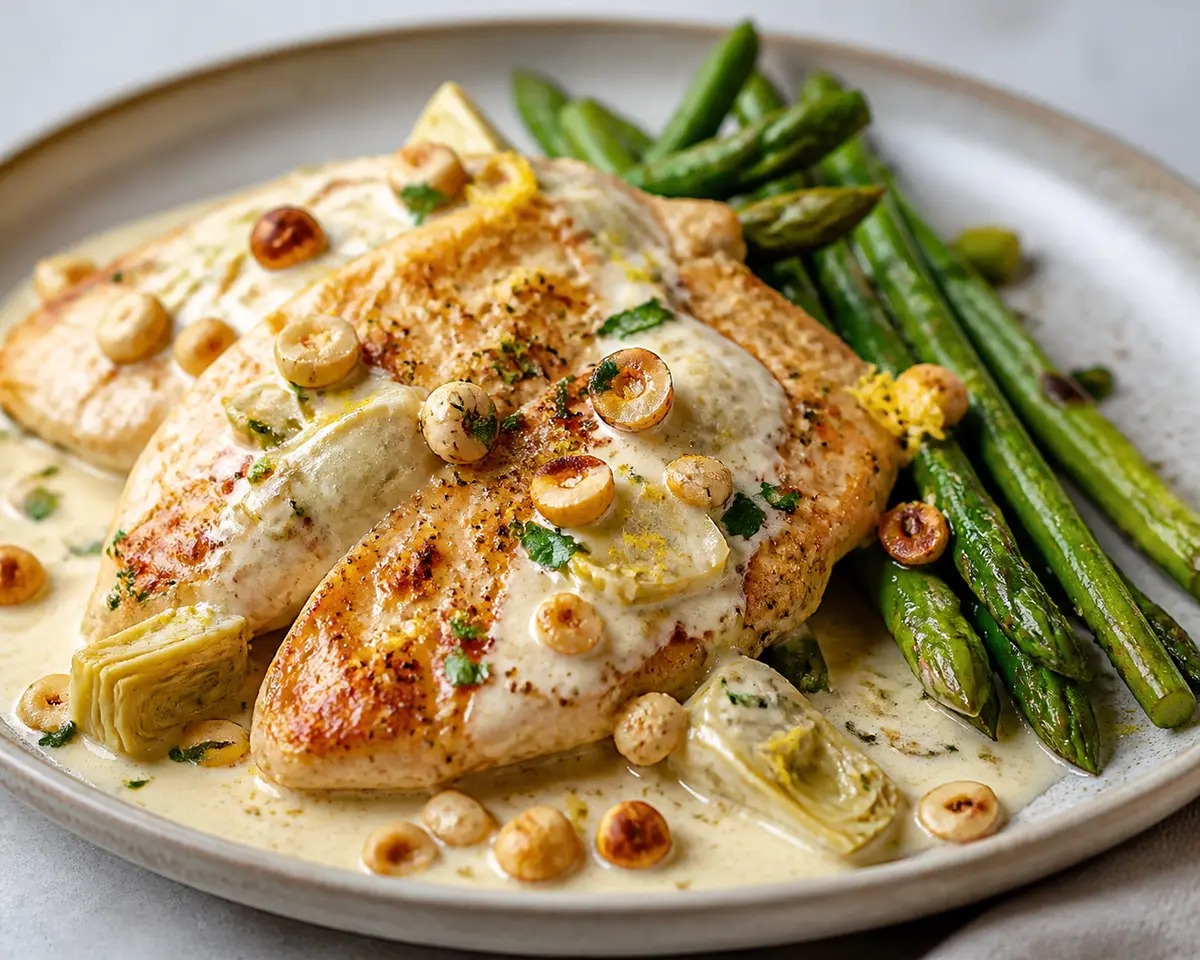 Pavo dorado con crema de alcachofa y limón, espárragos salteados y avellanas tostadas