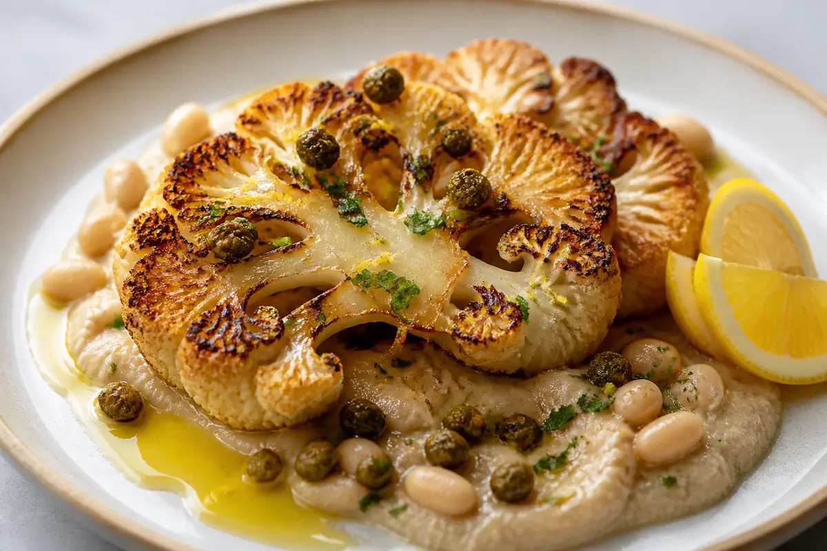 Roasted Cauliflower Steaks with Lemony White Bean Cream and Crispy Caper Oil