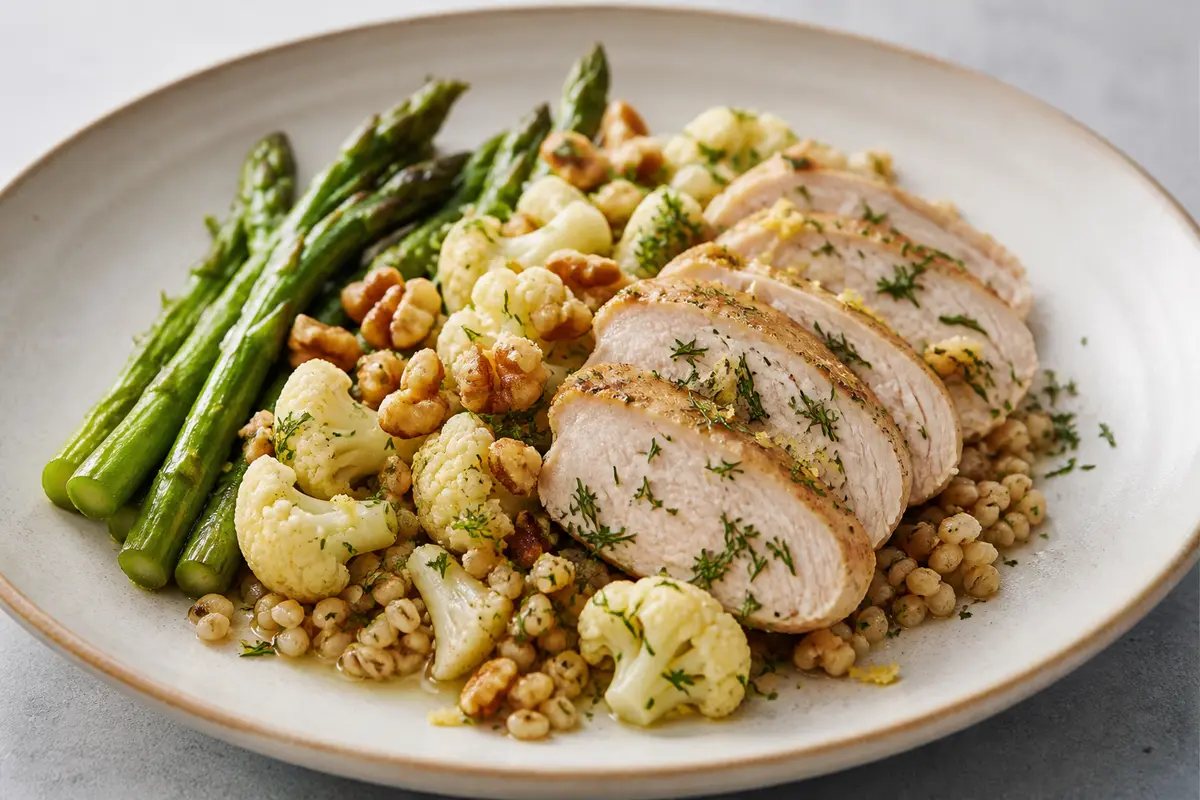 Lemon-Dill Turkey with Cauliflower Barley, Asparagus and Walnut Crumble