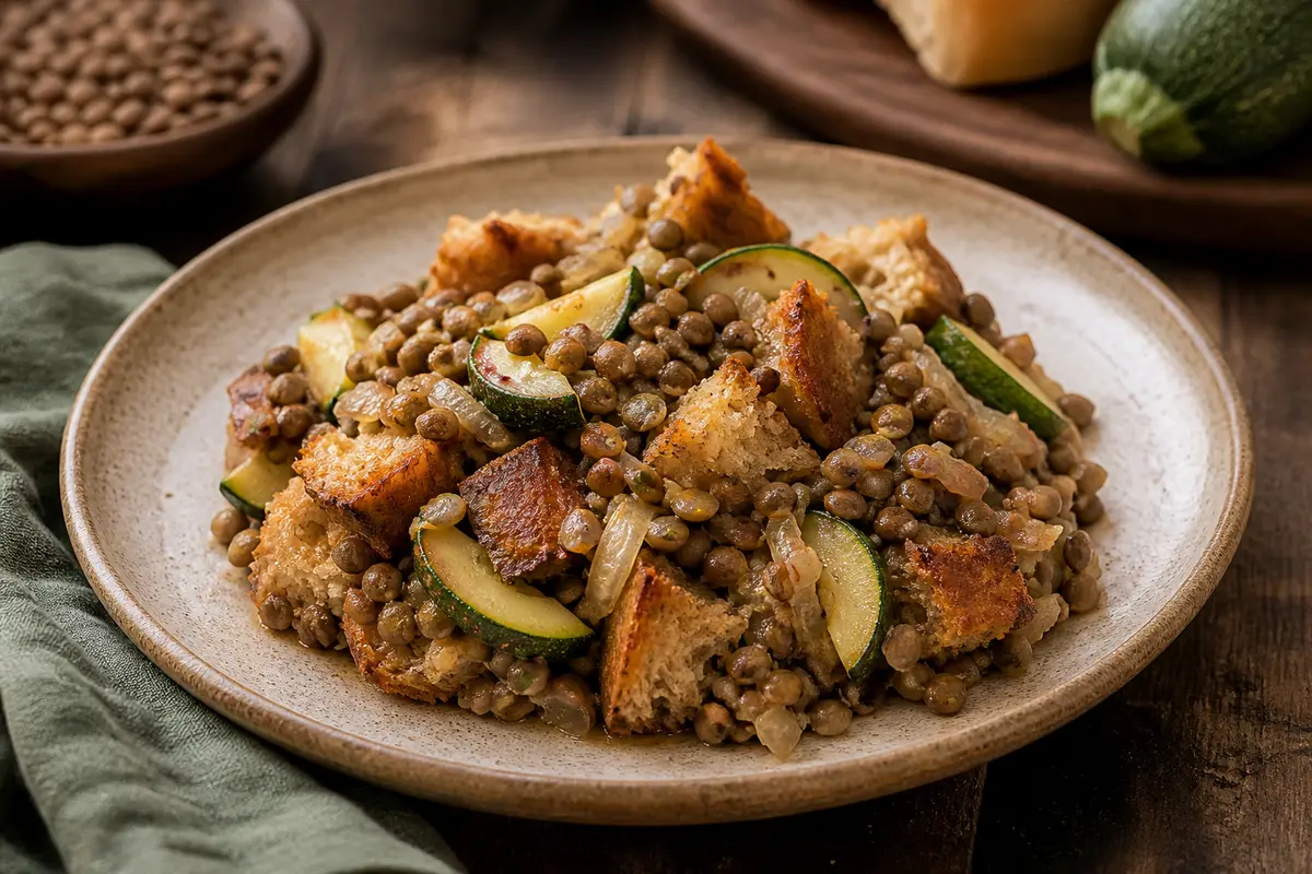 Lasaña Rústica de Pan, Lentejas y Calabacín al Horno