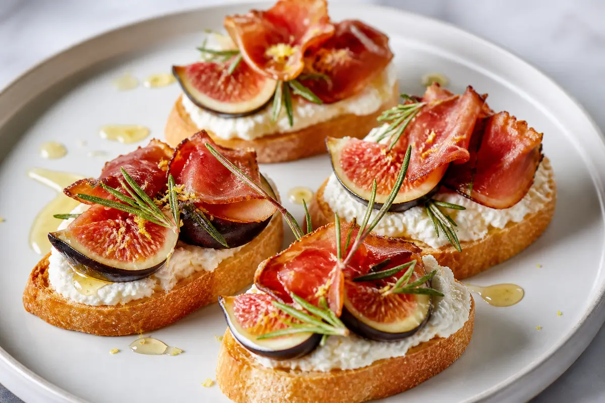 Express Lemon Ricotta Toasts with Fresh Figs, Crispy Ham, and Rosemary Honey