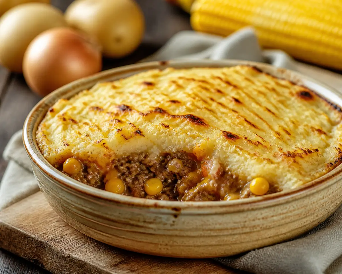 Pastel Familiar de Papas Aplastadas con Carne, Maíz Dulce y Crema de Cebolla Gratinada