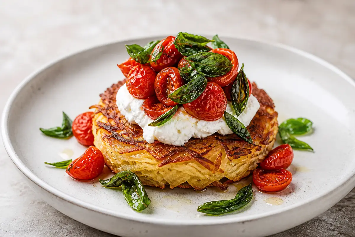 Rösti de Coliflor y Queso de Cabra con Tomates Confitados y Albahaca Crujiente