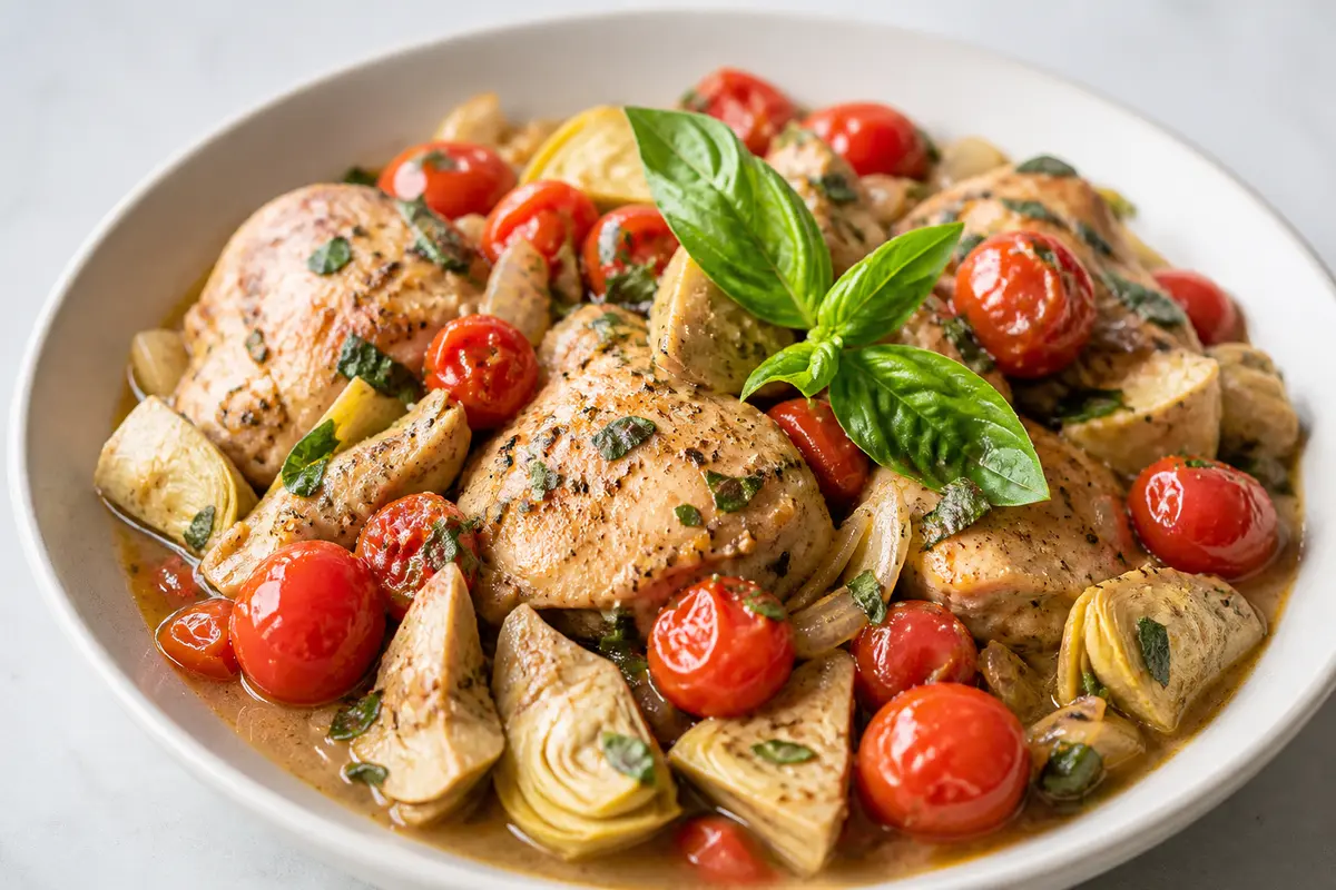 Slow Cooker Chicken with Cherry Tomatoes, Artichokes, and Toasted Basil