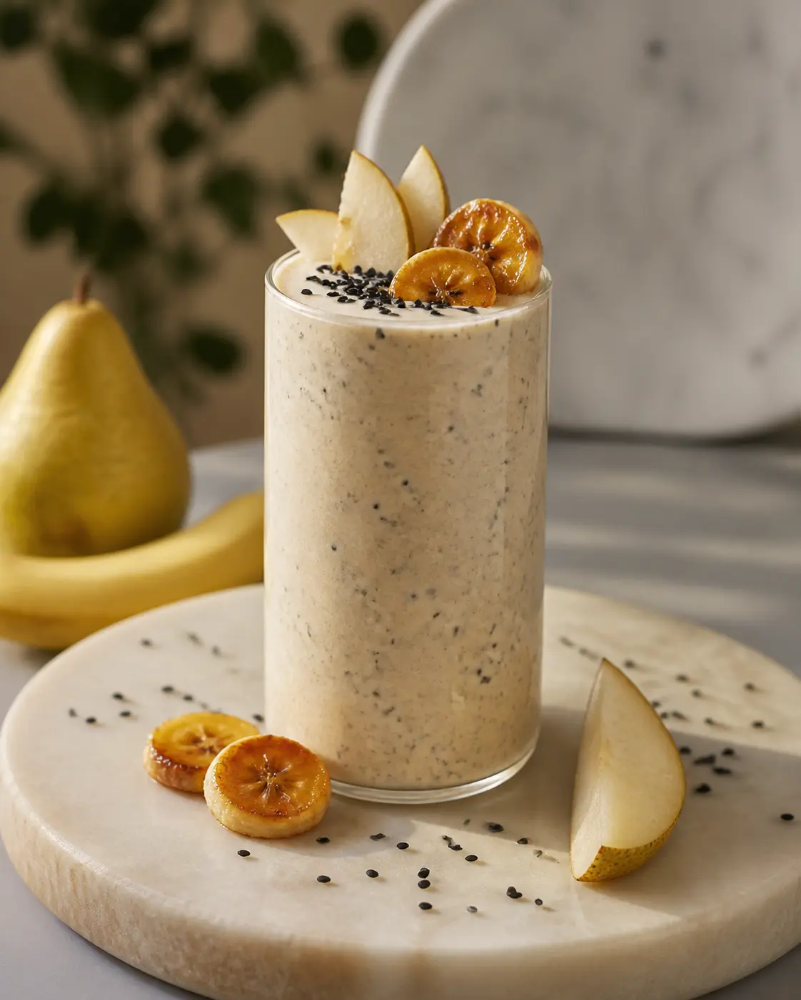 Lunar Smoothie with Caramelized Banana, Black Sesame, and Pear