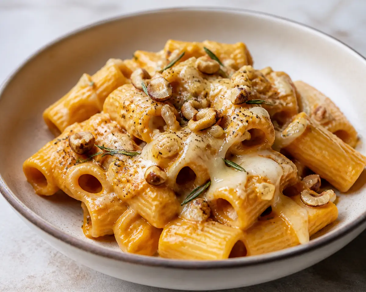 Rigatoni con Crema de Zanahoria Asada, Taleggio y Avellanas al Romero