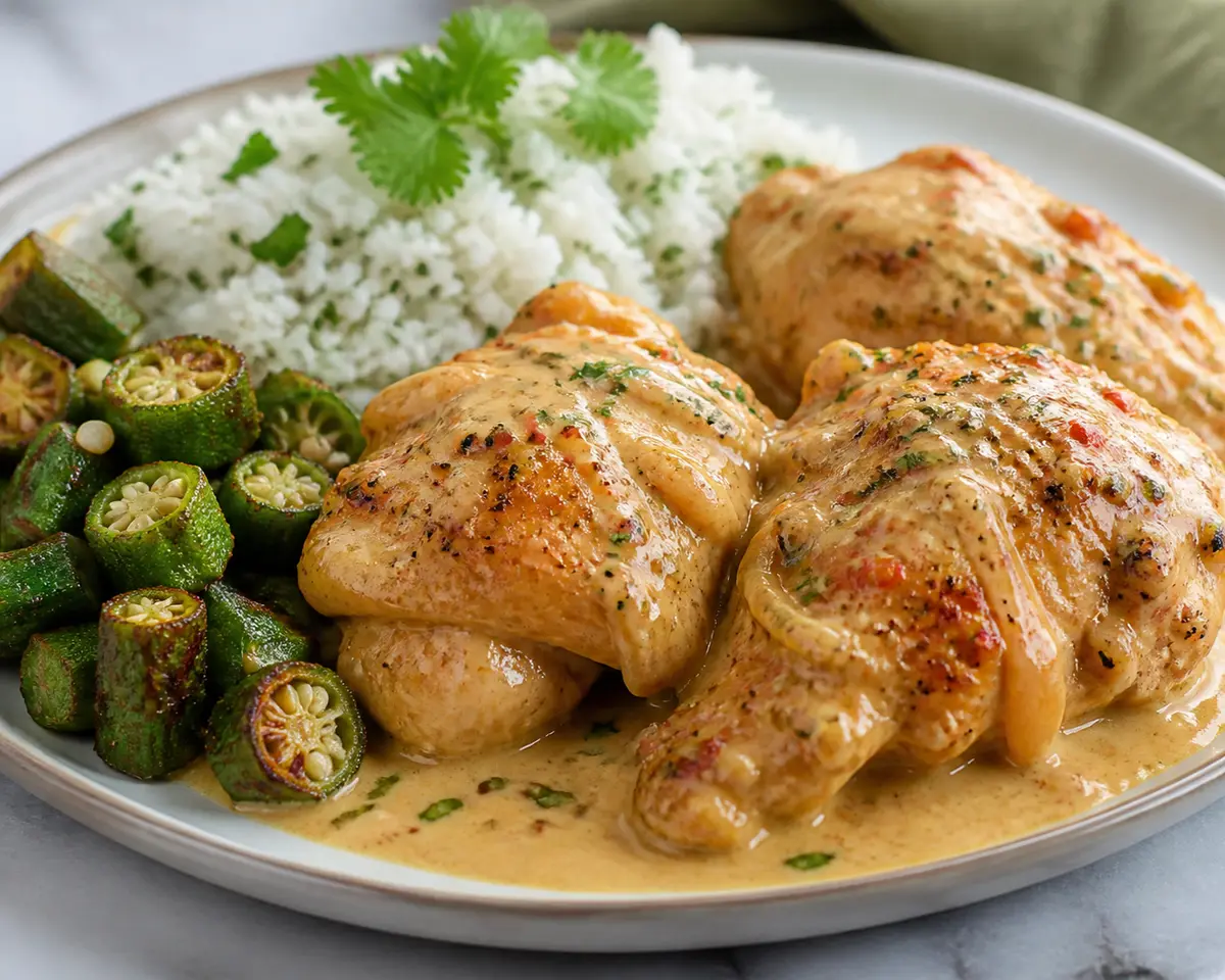 Caribbean Chicken in Coconut, Ginger and Lime Sauce with Sautéed Okra and Cilantro Rice