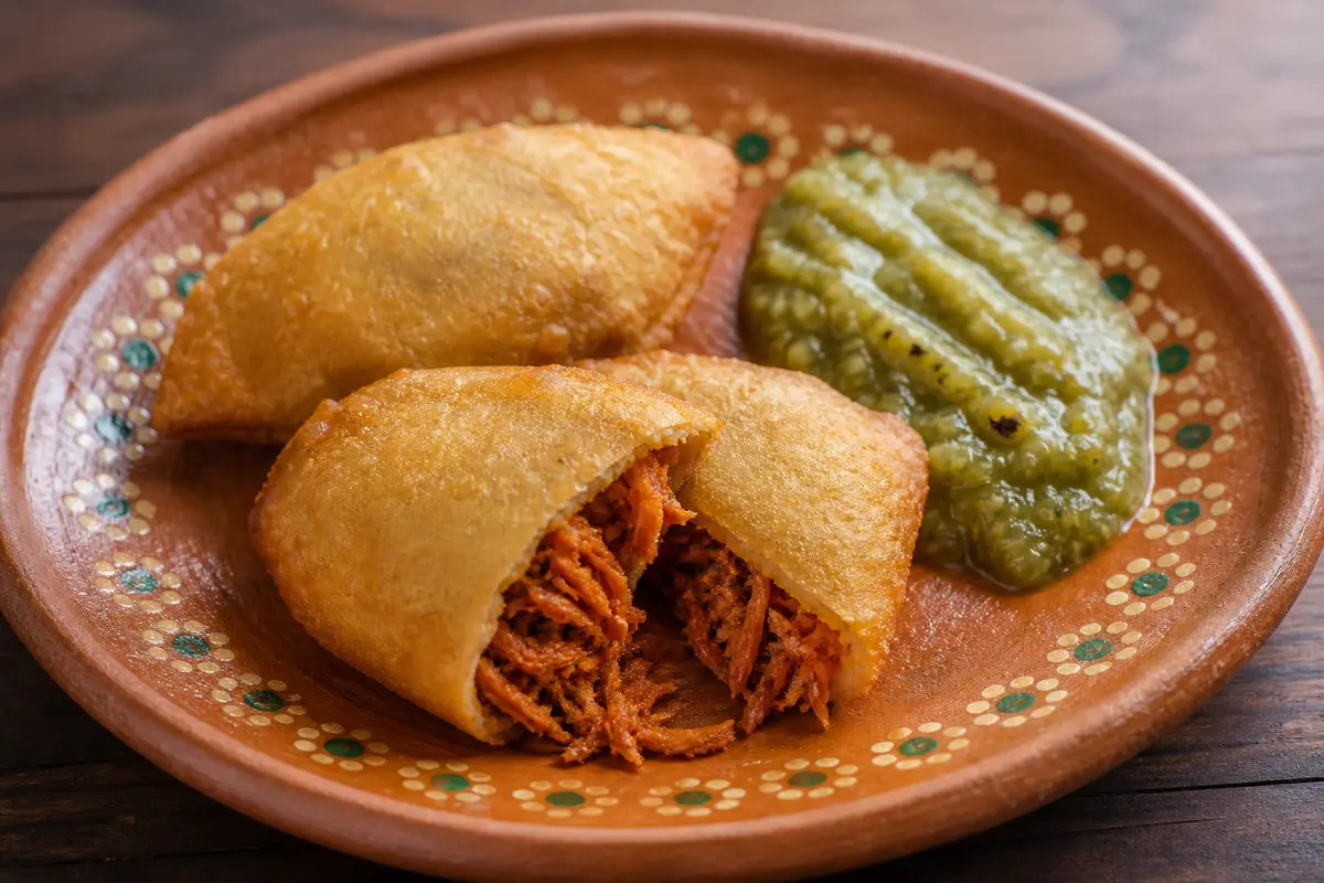 Molotes de Yuca con Tinga de Res y Salsa de Tomatillo Tostado