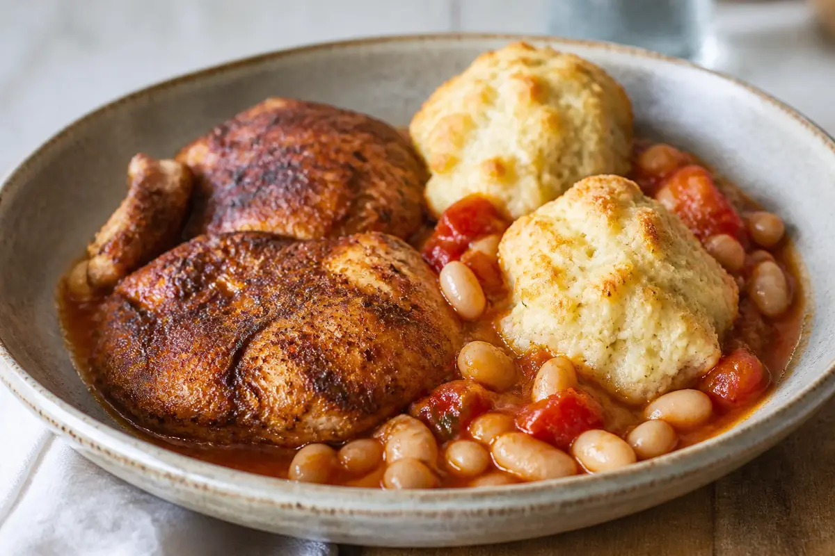 Pollo Ahumado en Sartén con Salsa de Tomate Asado, Frijoles Blancos y Dumplings de Parmesano