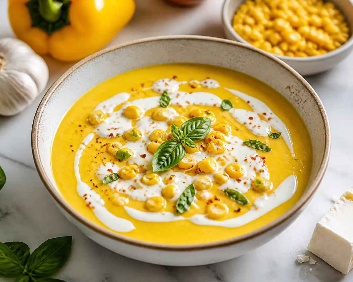 Roasted Yellow Pepper, Corn and Basil Soup with Chili Ricotta Drizzle
