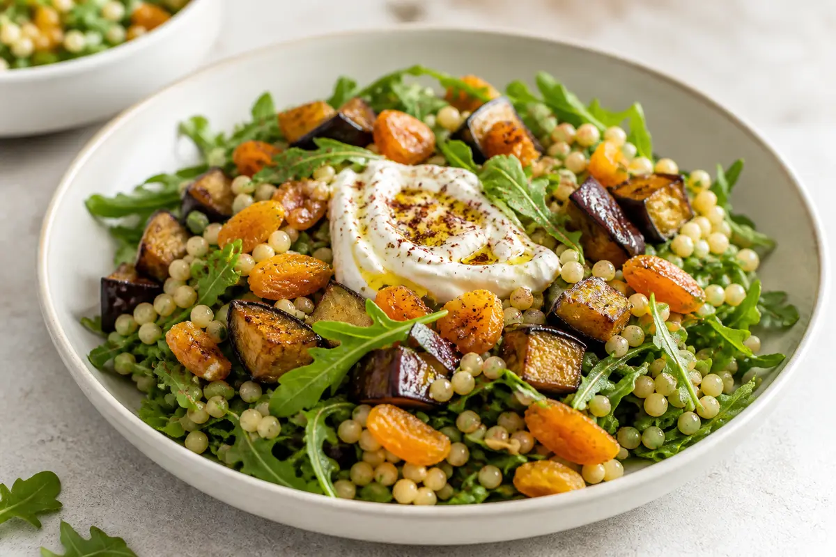 Warm Pearl Couscous Salad with Roasted Eggplant, Dried Apricots, Arugula, and Spiced Labneh