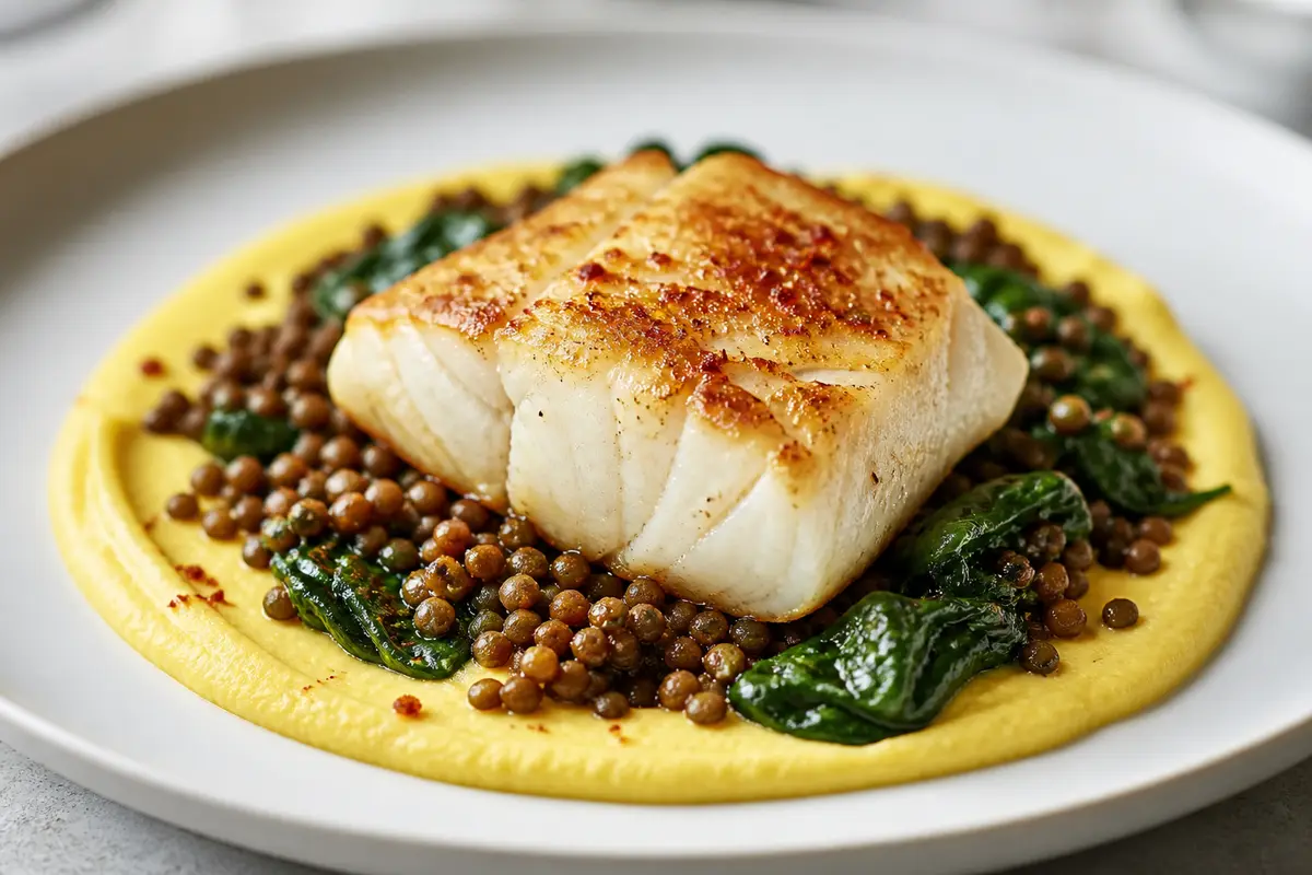 Golden Cod with Saffron Cauliflower Cream and Crispy Lentils with Spinach