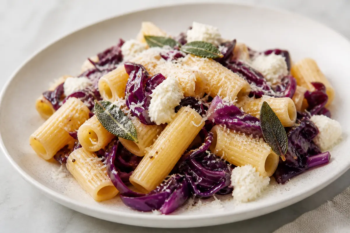 Rigatoni with Sautéed Red Cabbage, Sage Butter and Lemon Ricotta