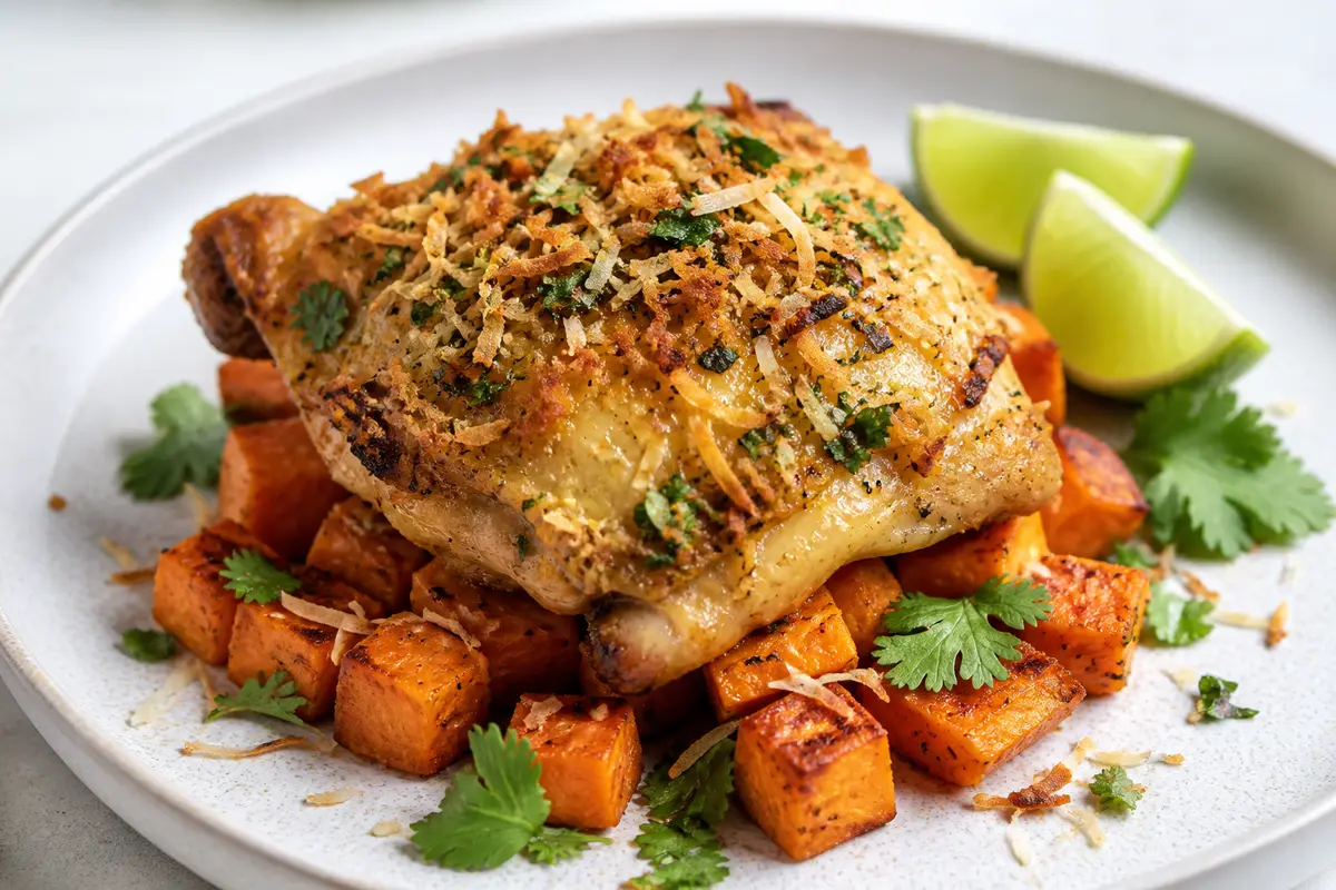 Roasted Chicken with Coconut, Lime and Cilantro Crust over Spiced Sweet Potato