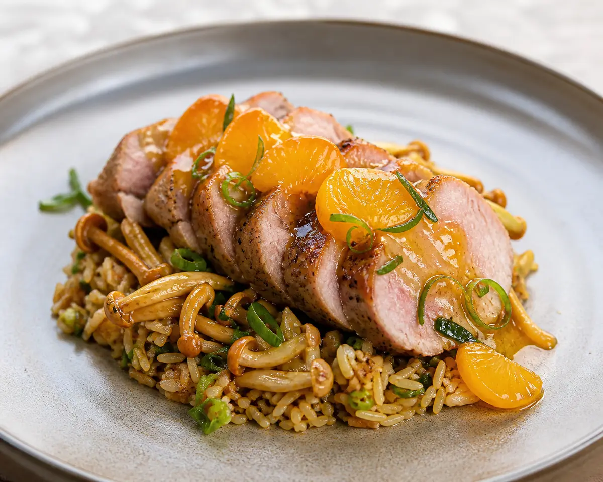 Solomillo de Cerdo al Miso Blanco y Mandarina con Setas Doradas y Arroz Crujiente de Cebolleta