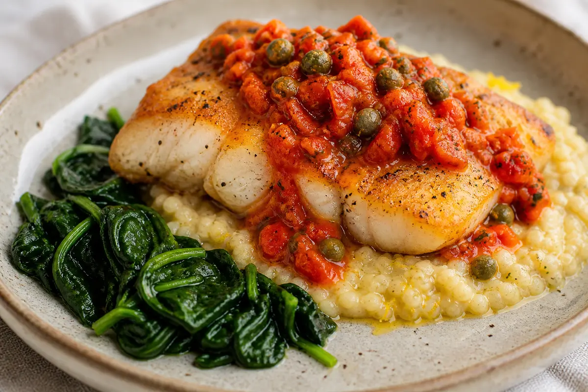 Golden Seared Fish with Roasted Red Pepper Caper Sauce, over Creamy Lemon Millet and Sautéed Spinach