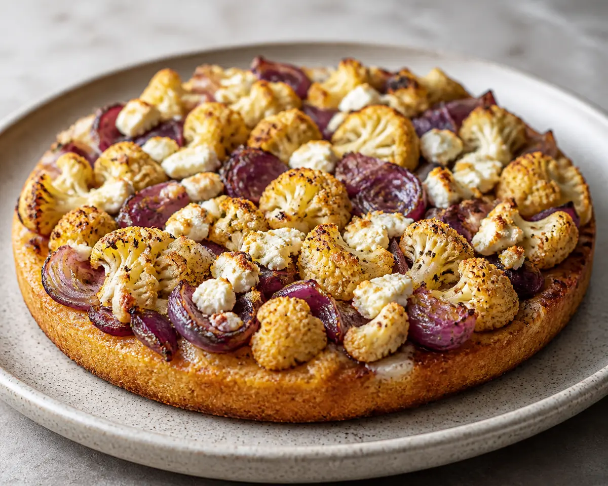 Spiced cauliflower, red onion and feta upside-down pie with semolina crust