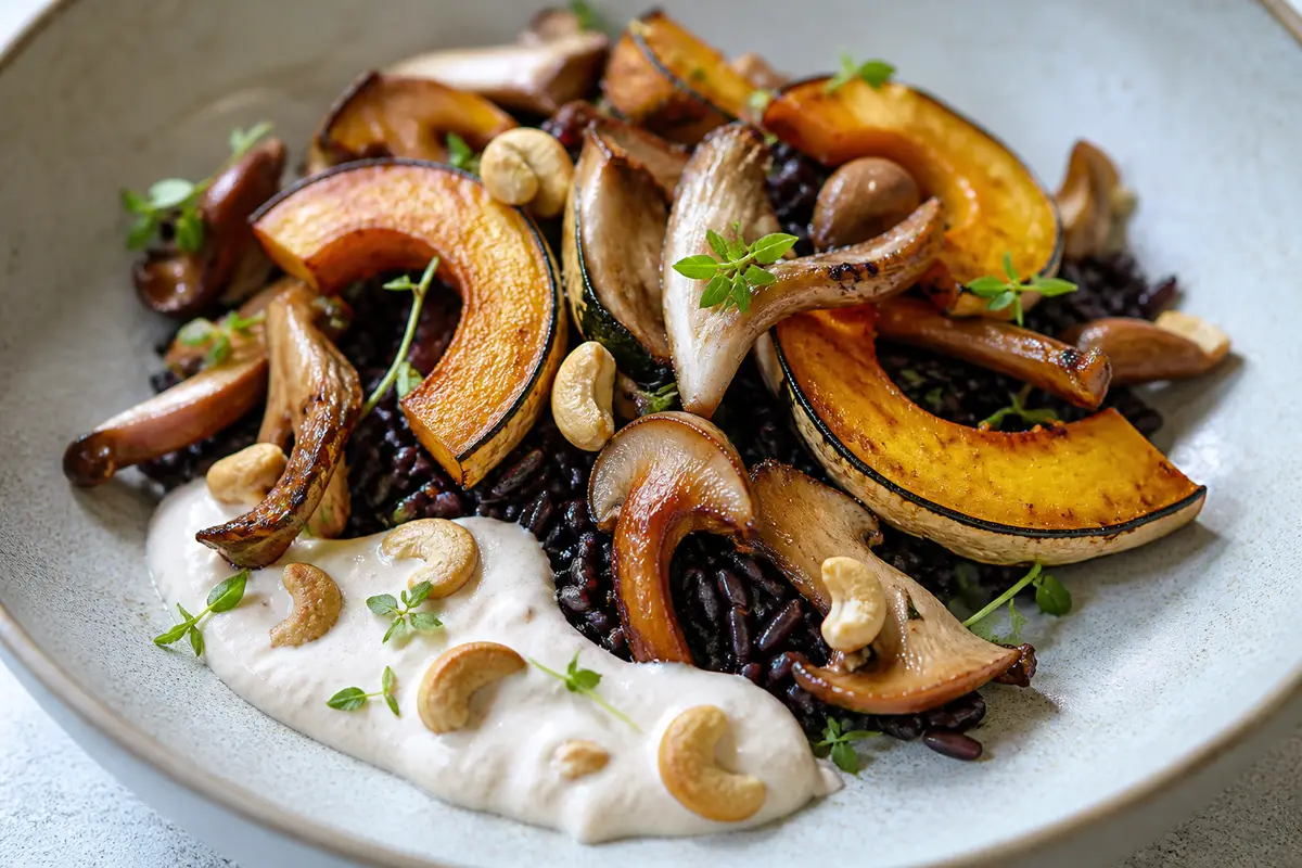 Roasted Squash with Citrusy Black Rice, Garlicky Mushrooms and Toasted Cashew Cream