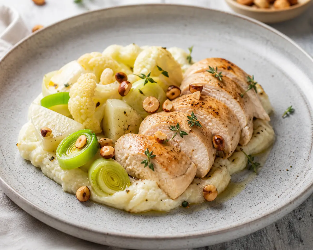 Thyme Chicken with Creamy Kohlrabi, Sautéed Leeks and Toasted Hazelnuts