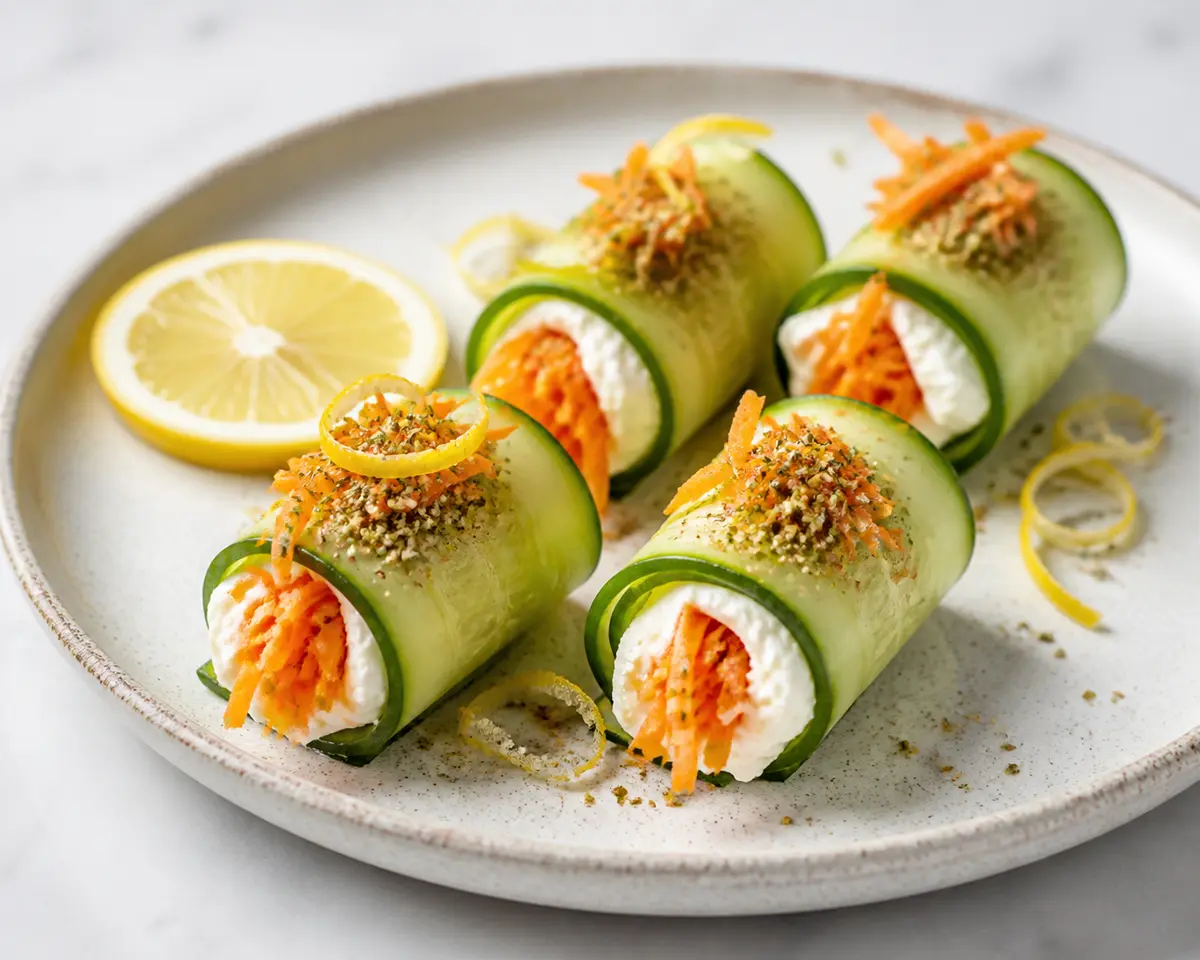 Rollitos exprés de pepino con crema de queso de cabra, zanahoria al zaatar y limón