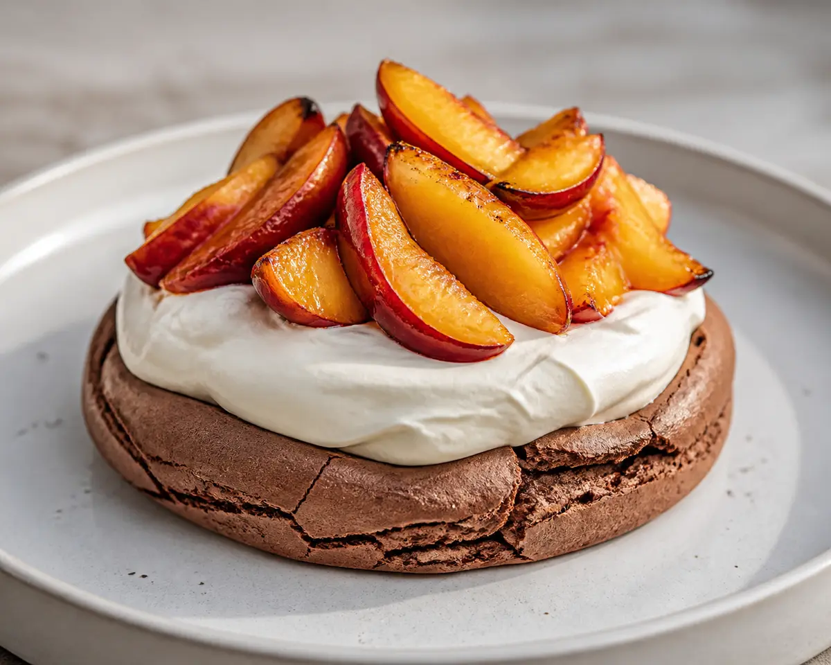 Pavlova especiada de cacao con nectarinas asadas y crema de vainilla