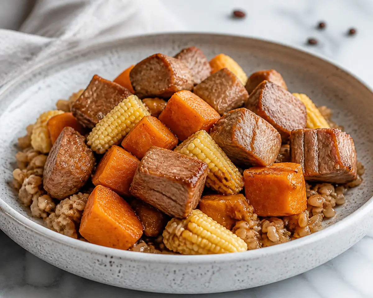 Cerdo al café suave con batata, maíz tierno y arroz integral en Instant Pot