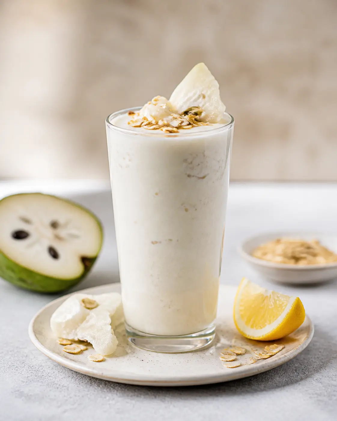 Batido Marfil de Chirimoya, Avena Tostada y Limón